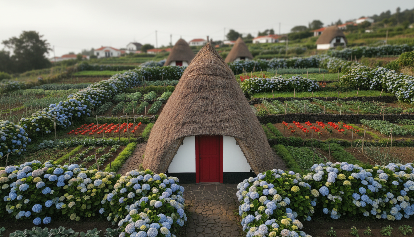 Traditional A-frame thatched house casa de colmo in Santana with red door and white walls, surrounde
