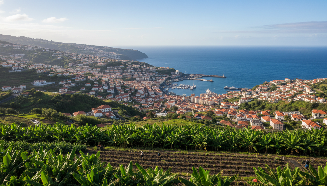 Aerial view of Funchals terracotta rooftops cascading down green hillsides to the harbor, with banan