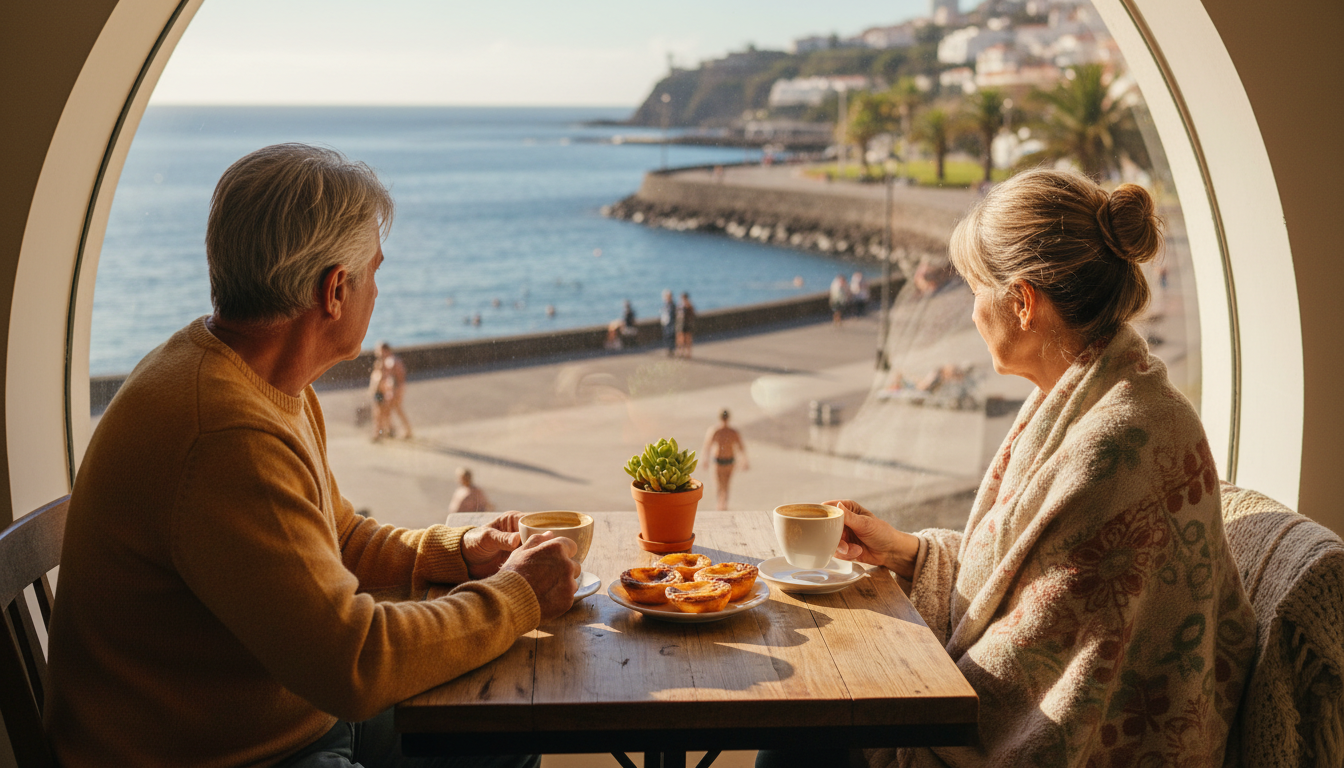 Morning scene at a seaside caf in Funchals Lido area, showing an older couple enjoying coffee and pa