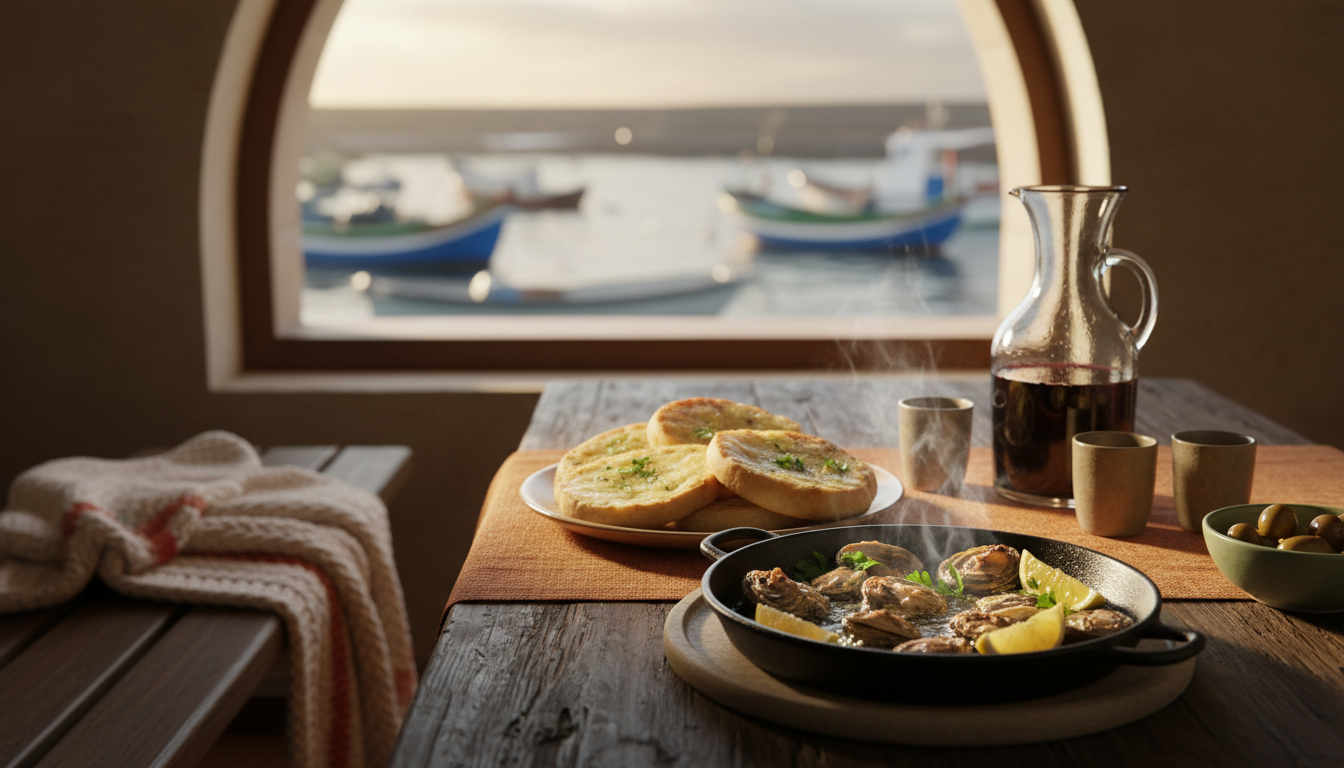 A simple but inviting spread of Madeiran food on a rustic table grilled limpets, bolo do caco bread