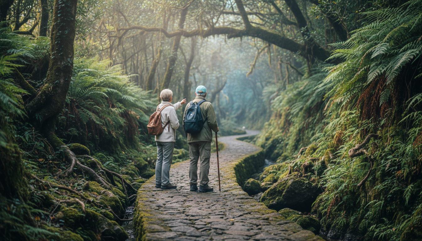 Two older hikers pausing on a levada path, surrounded by lush ferns and moss-covered rocks, with dap