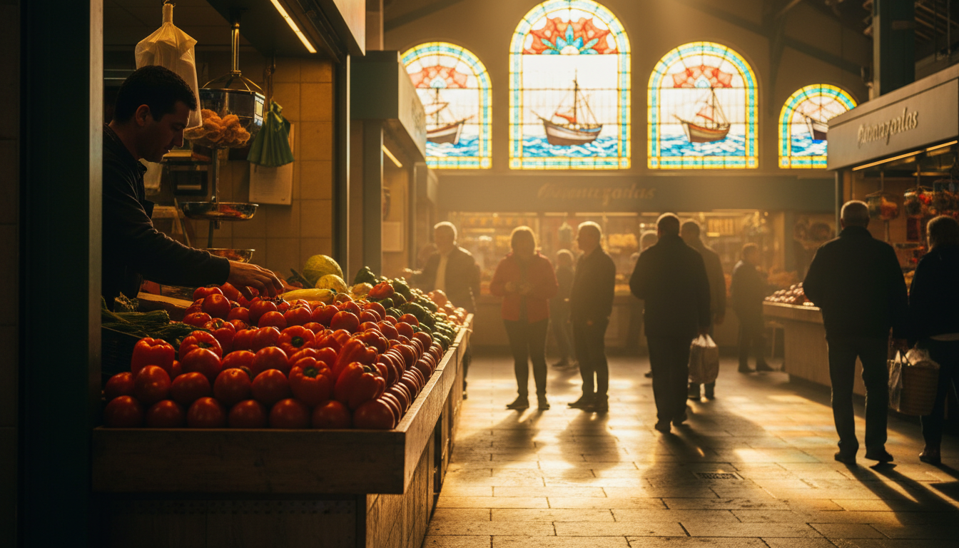 A vendor at Mercado de Atarazanas arranging vibrant red tomatoes and peppers, morning sun streaming