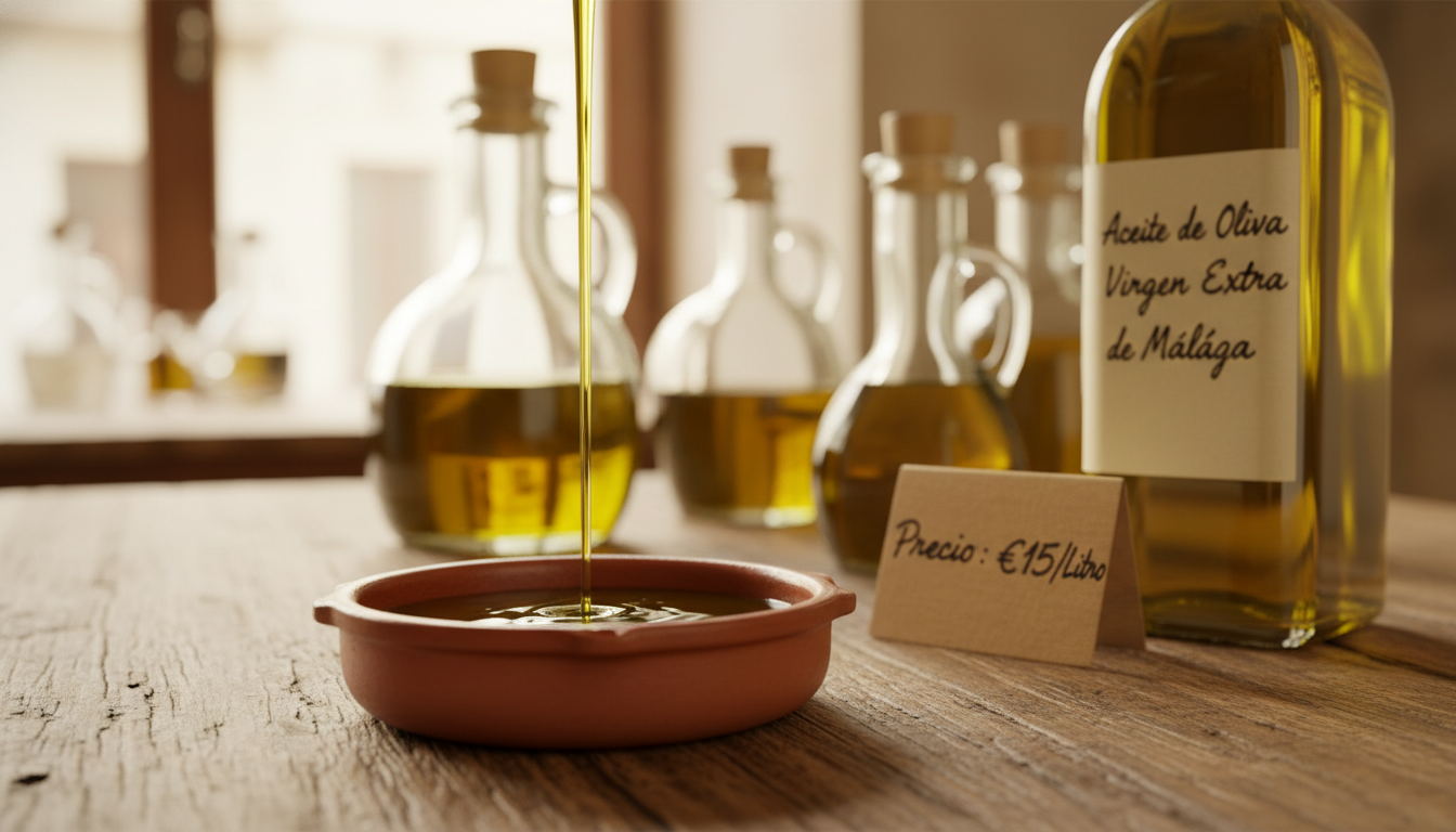 Close-up of golden-green olive oil being poured into a small tasting dish, with bottles of local Mla