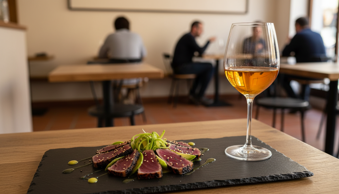 Modern tapas presentation at Uvedobletuna tataki artfully arranged on a dark slate plate, with a gla