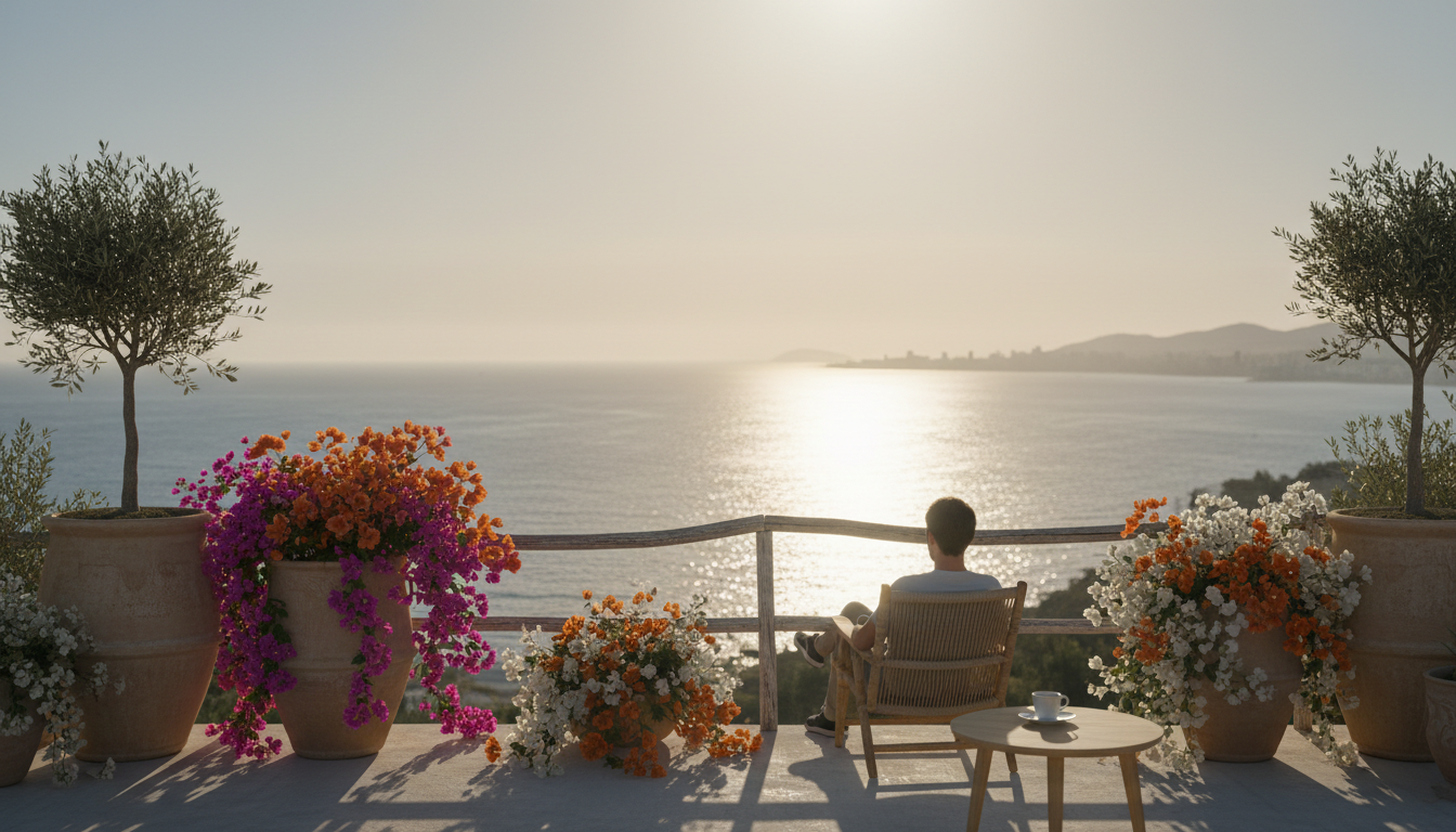 Golden hour view from a traditional Mlaga terrace with terracotta pots, bougainvillea, and the Medit
