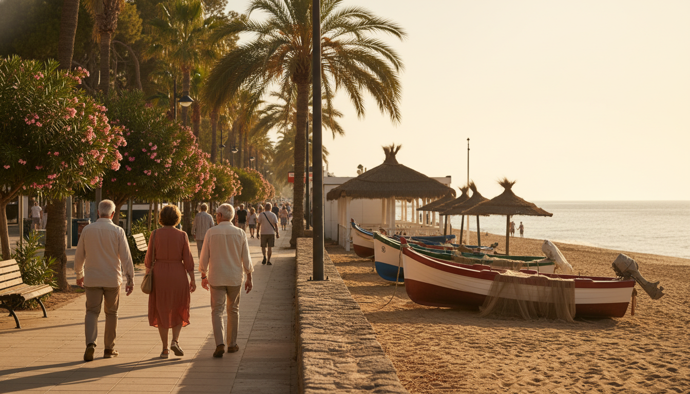 Tree-lined promenade in Pedregalejo with elderly couples strolling past traditional chiringuitos bea