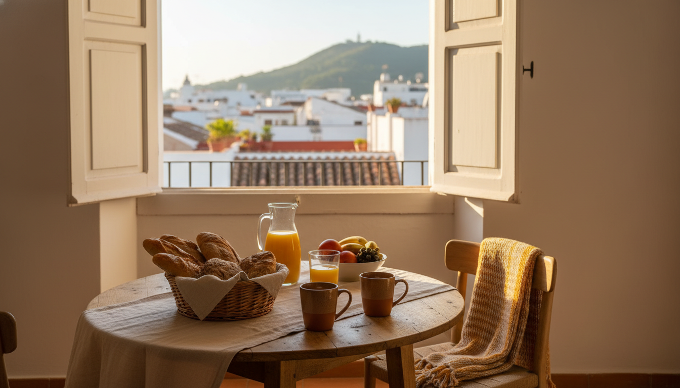 Cozy Mlaga apartment interior with morning light streaming through shuttered windows, a small breakf