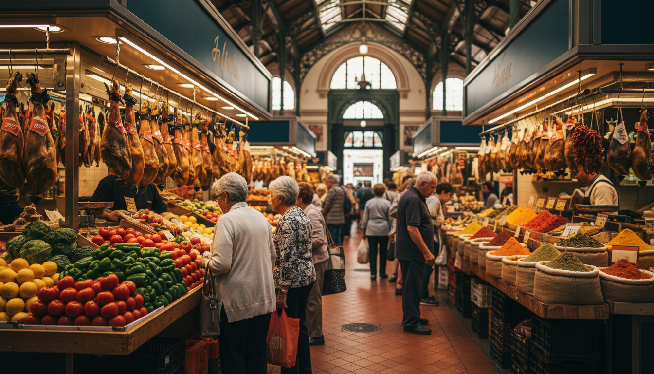 Morning scene at Atarazanas Market with elderly shoppers examining fresh produce, hanging jamn, and
