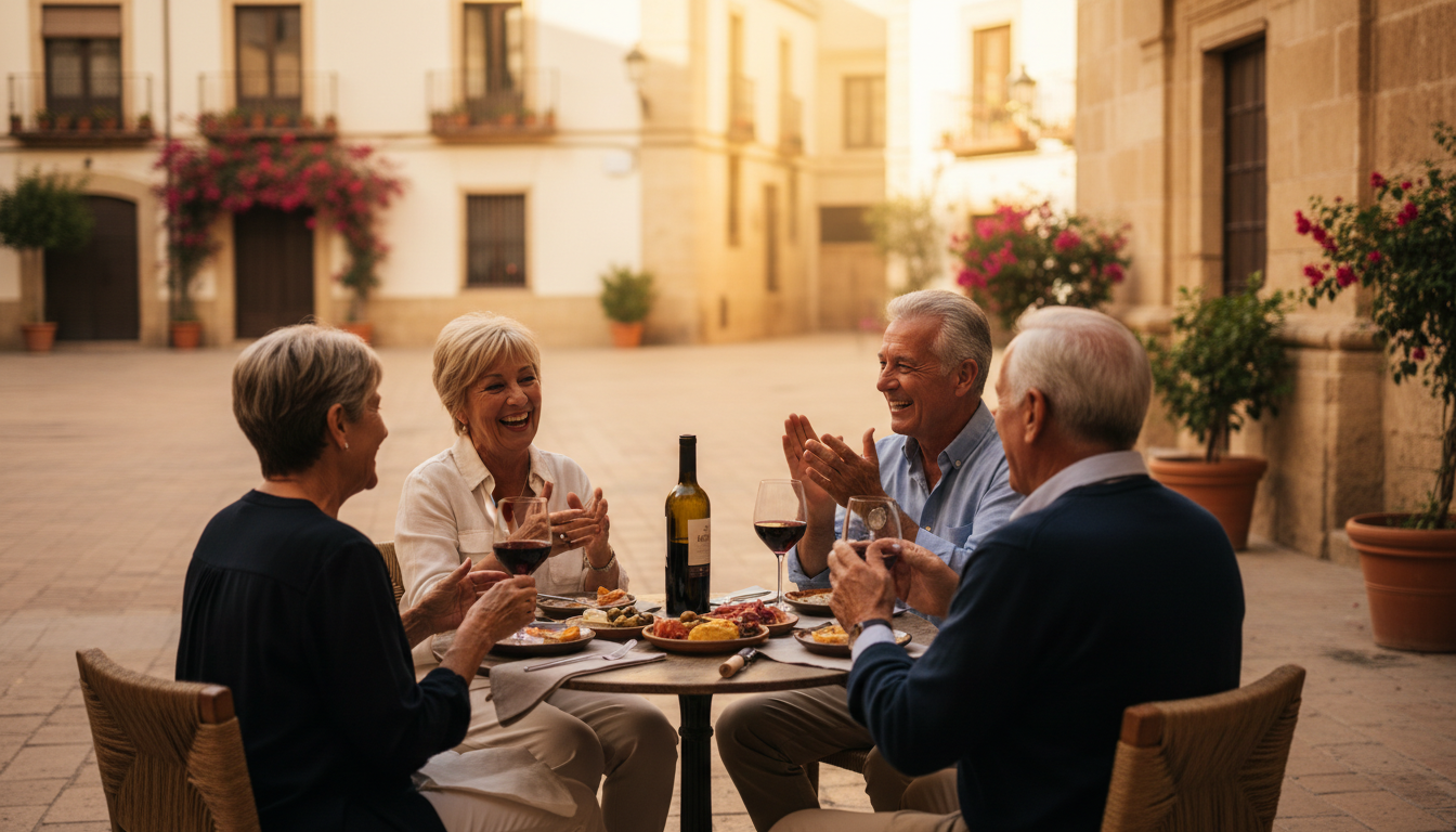 Two couples sharing wine and tapas at a small plaza table in Mlagas evening light, clearly mid-conve