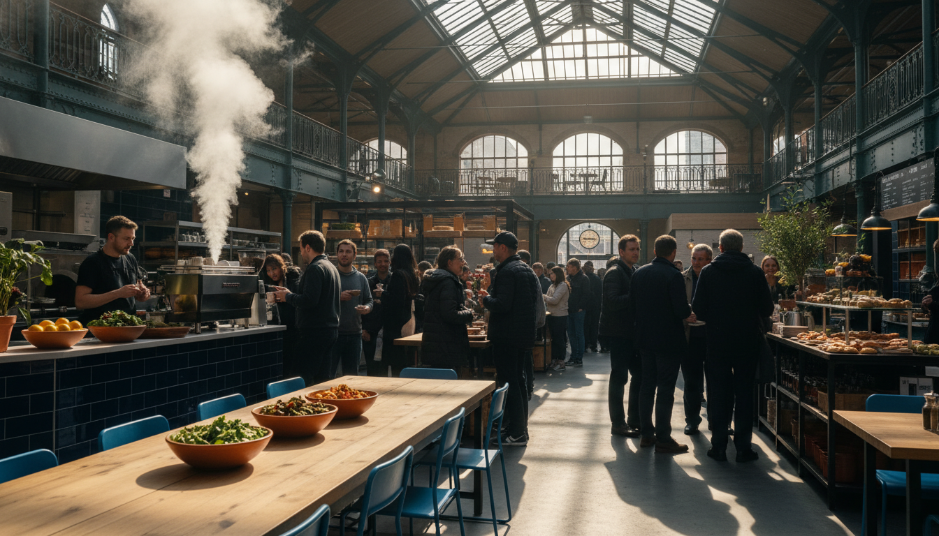 Morning light streaming through the Victorian iron and glass structure of Mackie Mayor food hall, cr