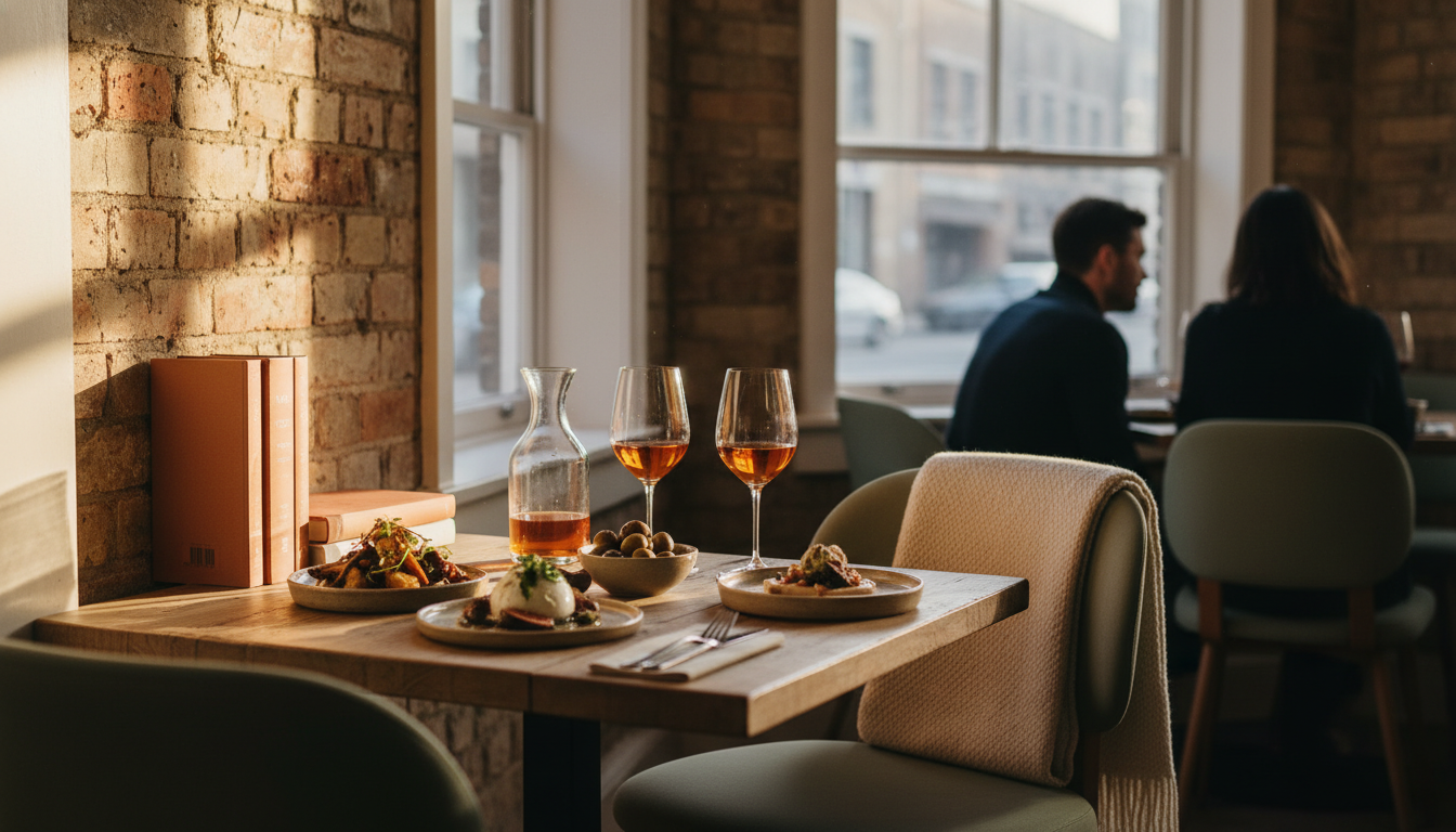 Intimate corner table at Erst wine bar, natural light from street-facing windows, small plates of se