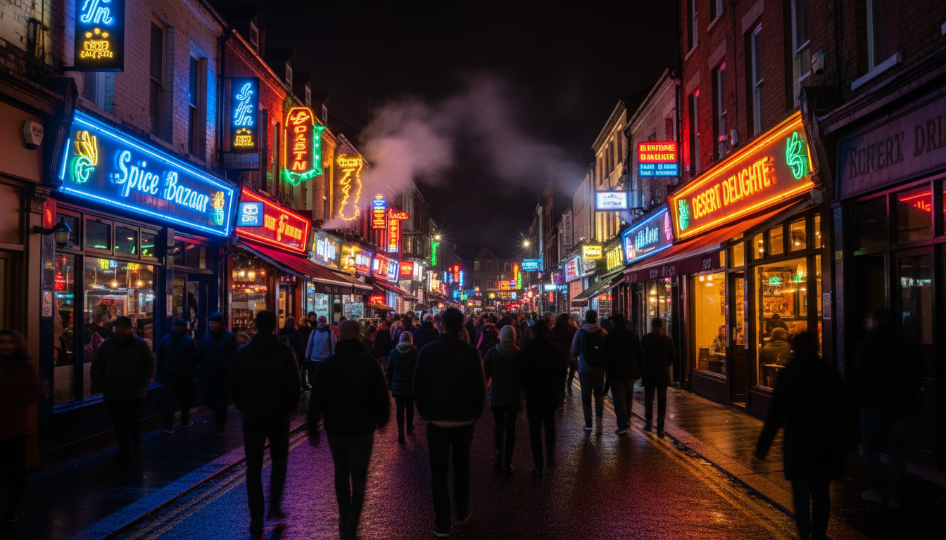 Nighttime shot of Curry Miles neon-lit restaurant fronts, crowds walking between venues, warm glow f
