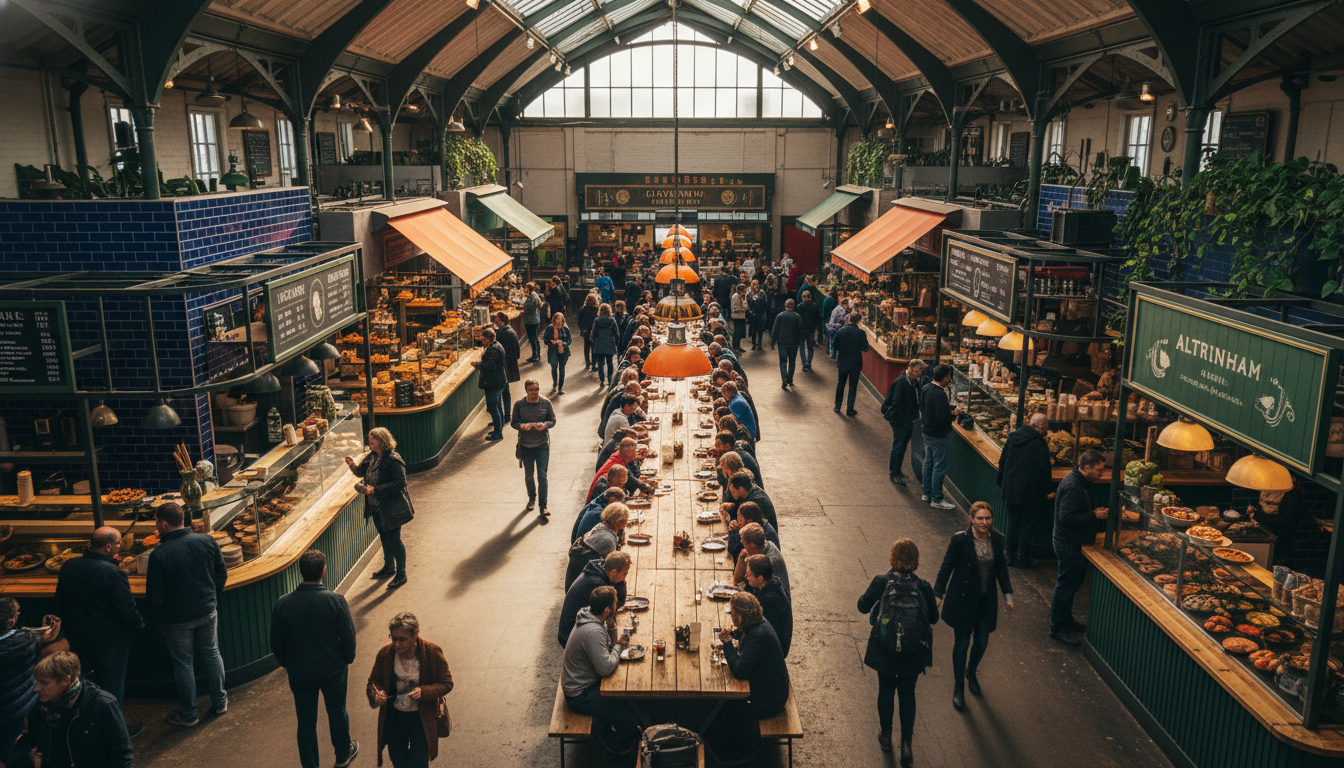 Aerial view of Altrincham Market House interior, wooden communal tables, various food stalls around