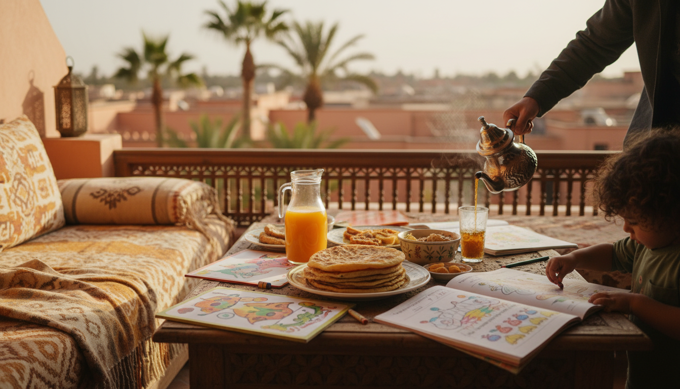 sun-drenched Moroccan terrace with traditional breakfast spread of msemen flatbread, mint tea, and f