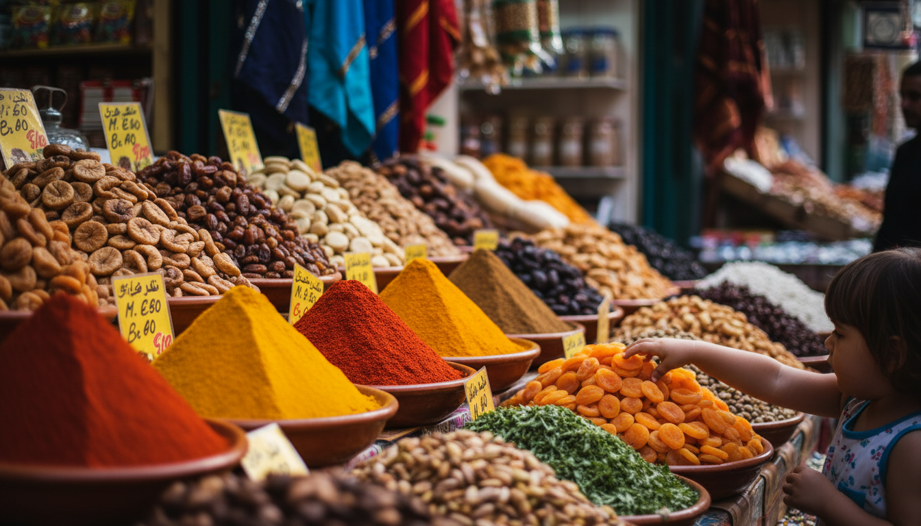 colorful Moroccan market stall overflowing with pyramids of spices in terracotta bowls, dried fruits