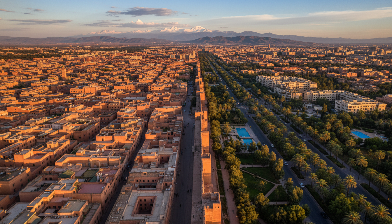 aerial view of Marrakech showing the contrast between the ochre-colored medinas dense maze and the t