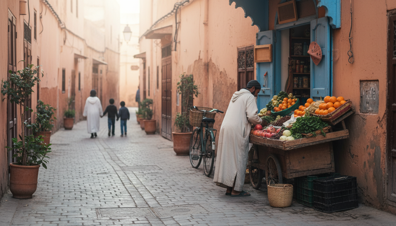 narrow Marrakech street in the morning light, local vendor arranging fresh produce outside a small s