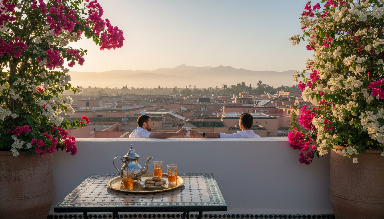 sunrise view from a traditional riad rooftop terrace in Marrakech medina, mint tea service on brass