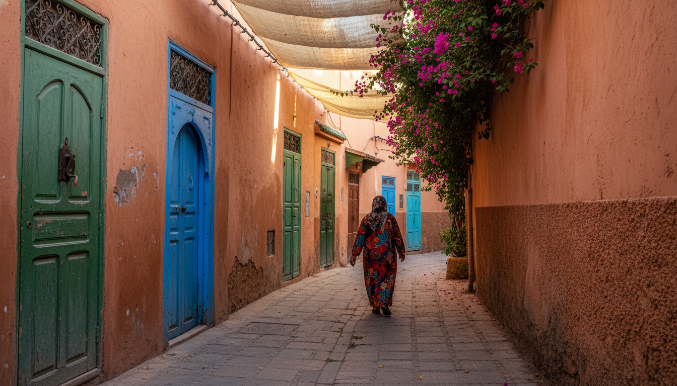narrow laneway in Mouassine district with traditional wooden doors painted in faded blues and greens