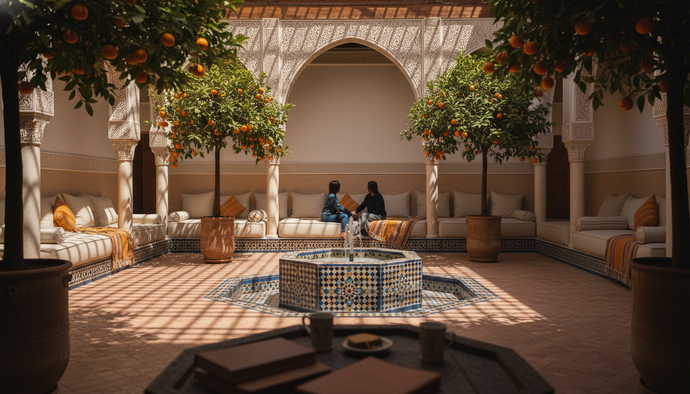 interior courtyard of a traditional Marrakech riad with zellige tile fountain, orange trees, carved