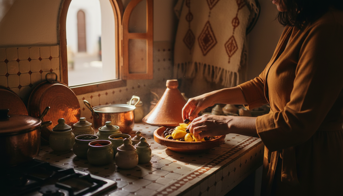Moroccan cooking scene in a traditional kitchen, hands preparing tagine with preserved lemons and ol