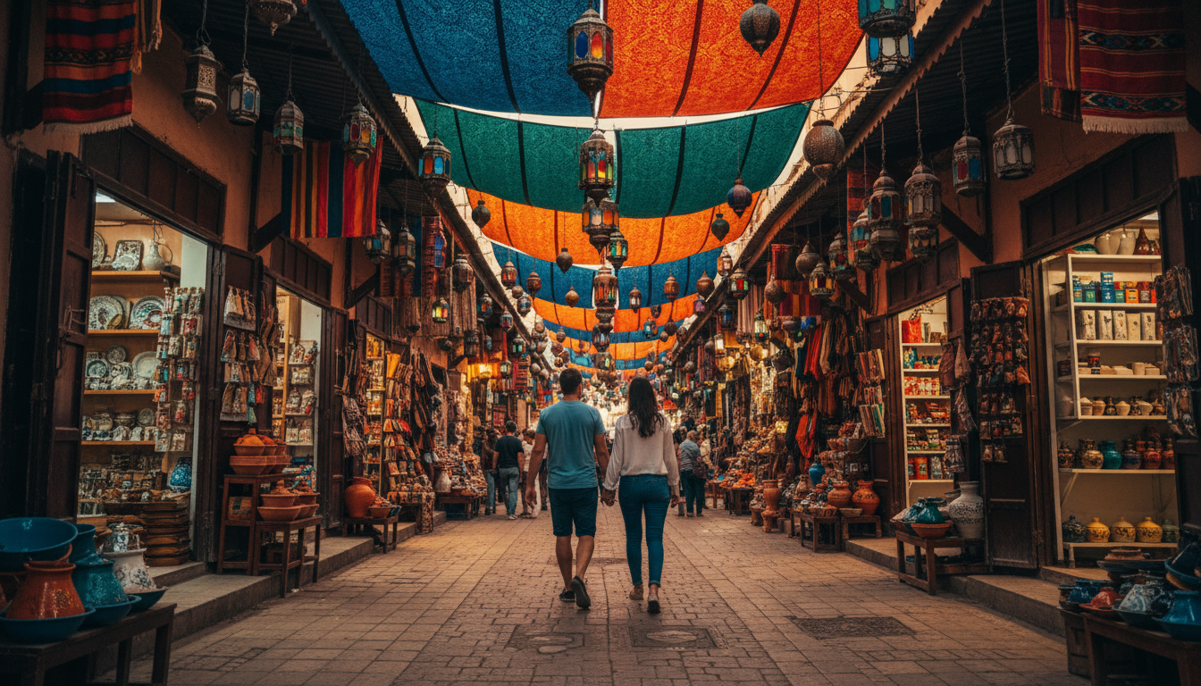 couple walking hand-in-hand through a Marrakech souk at golden hour, colorful textiles and lanterns