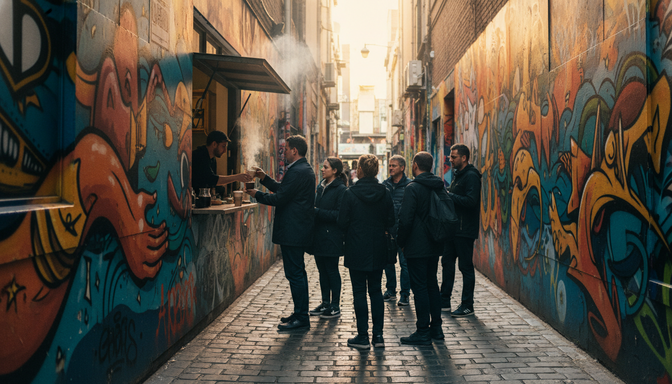 A narrow Melbourne laneway covered in colorful street art, with a tiny caf window serving coffee to