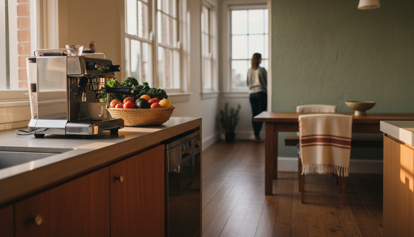 Interior of a bright Melbourne apartment kitchen with a professional espresso machine on the counter