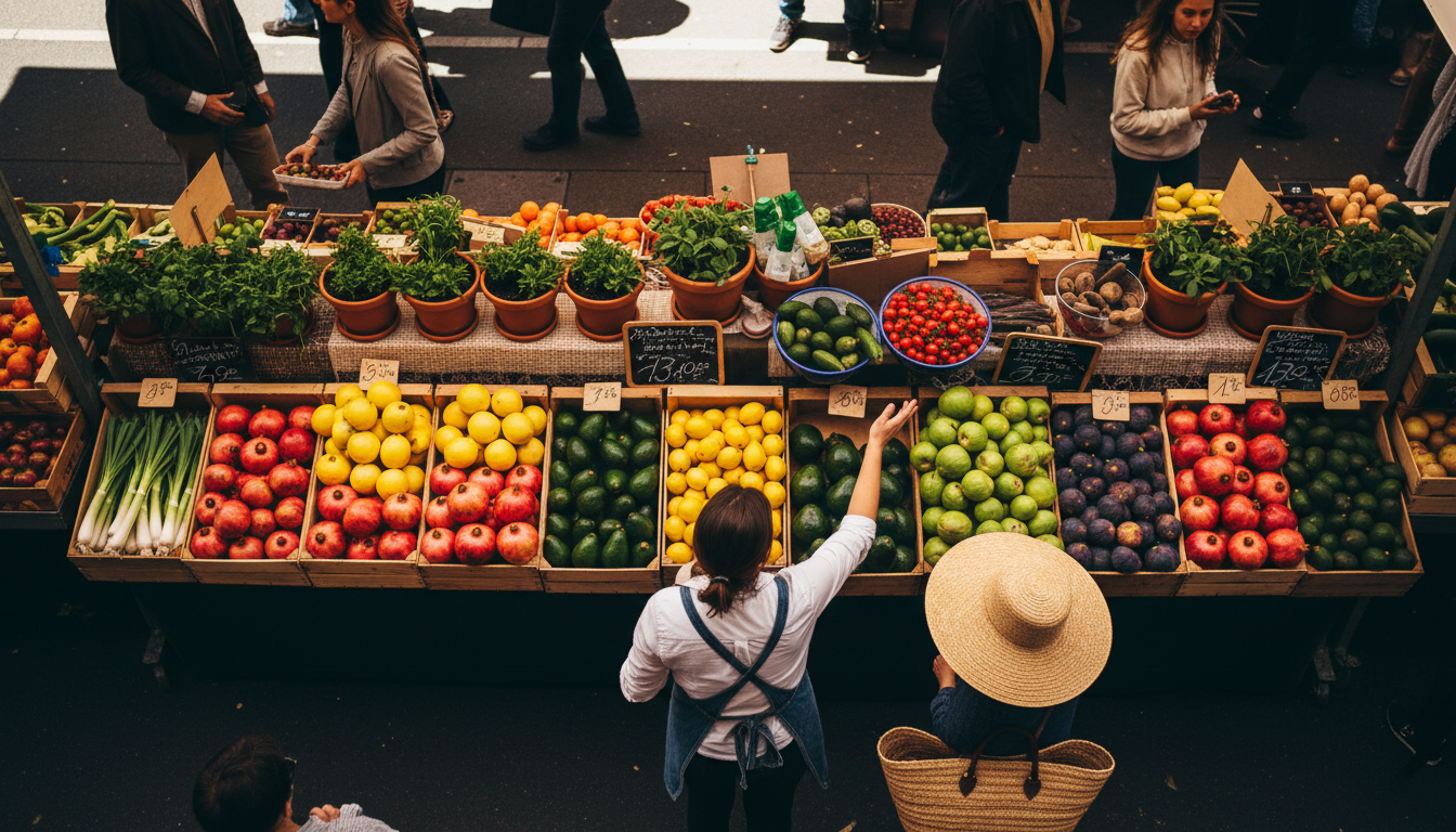 Overhead shot of a bustling Melbourne market stall with colorful seasonal produce arranged in wooden