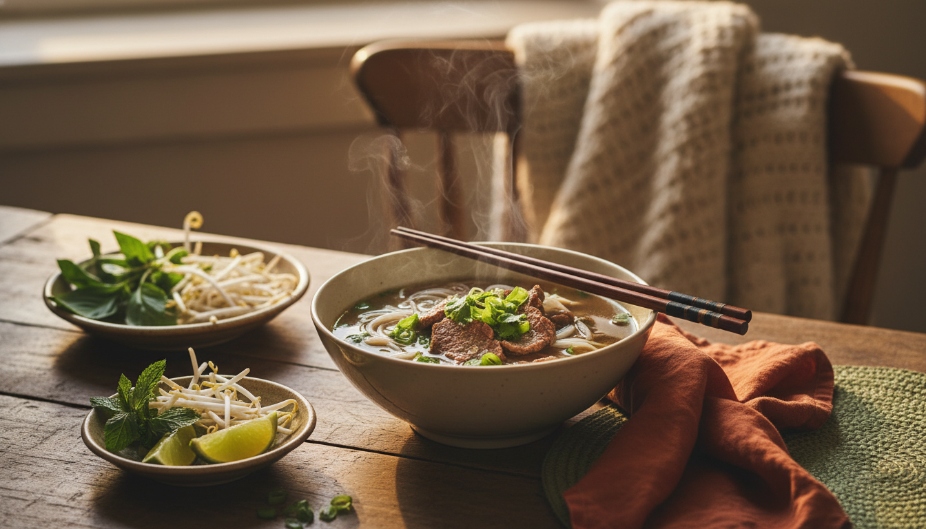 A steaming bowl of Vietnamese ph on a worn wooden table, surrounded by plates of fresh herbs, bean s