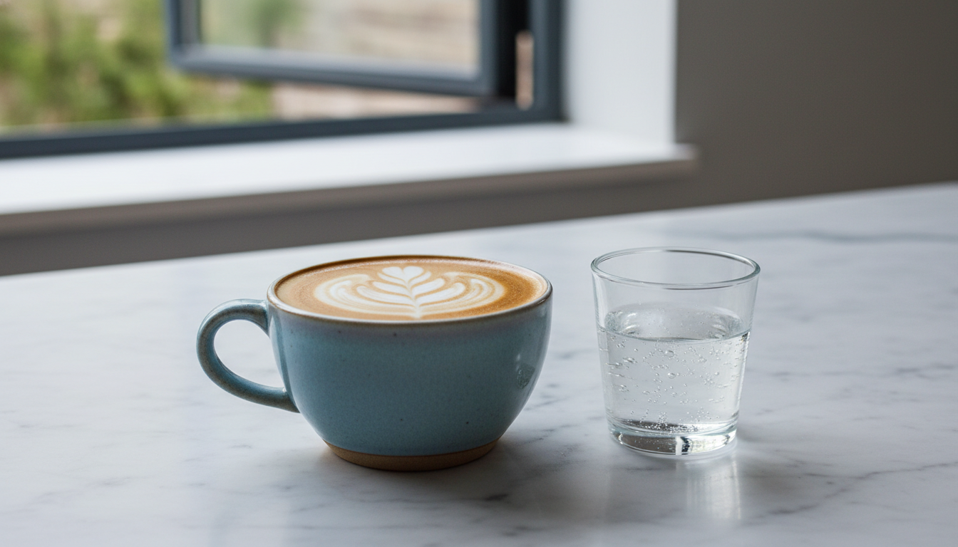 Close-up of a perfectly poured flat white in a ceramic cup, with intricate latte art, on a marble co