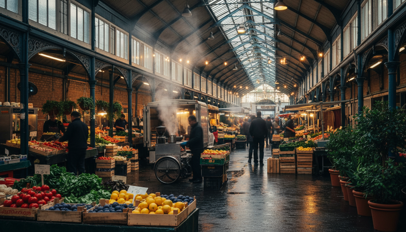Pre-dawn Queen Victoria Market with vendors setting up stalls under heritage sheds, steam rising fro