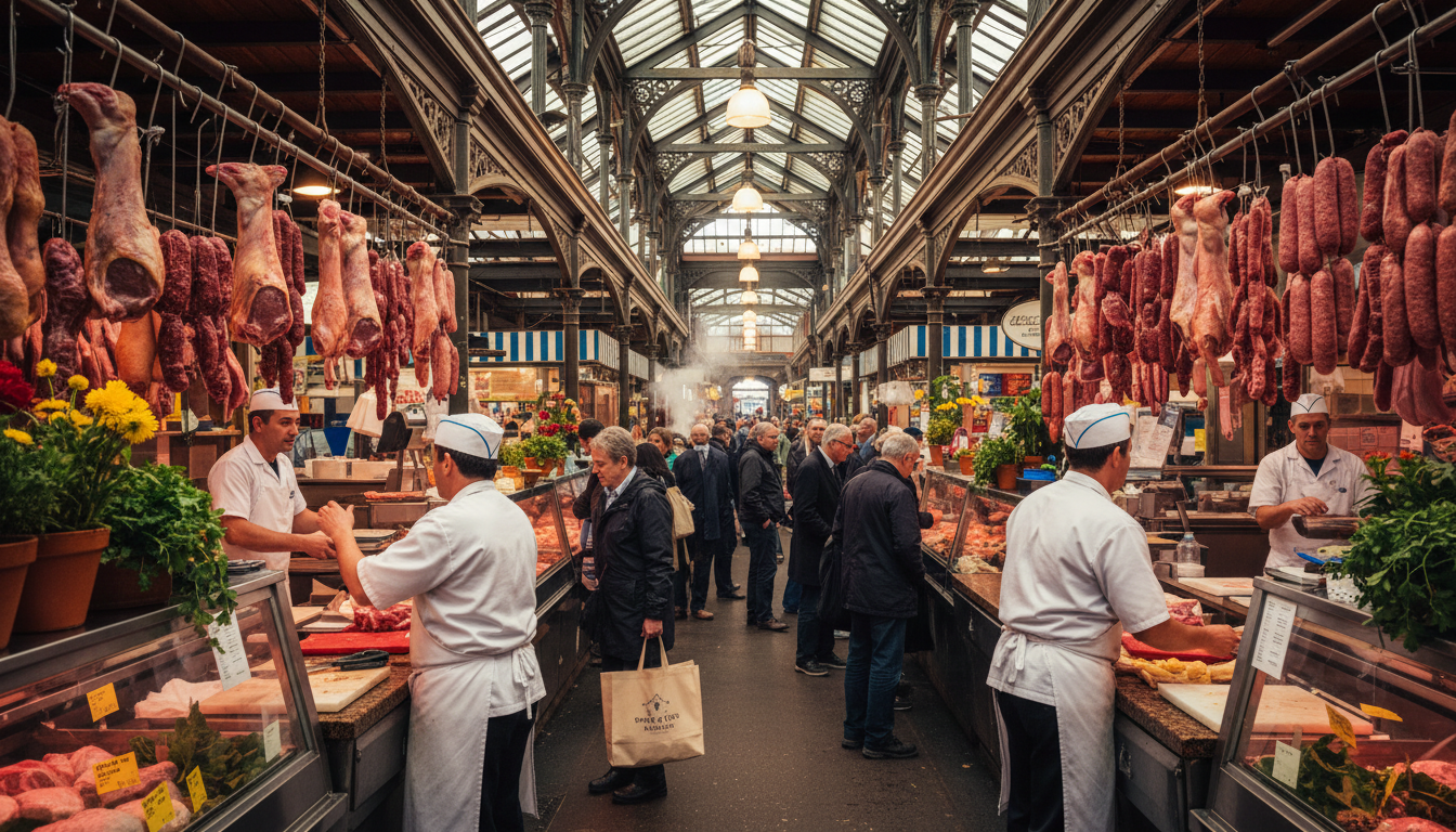Queen Victoria Market Meat Hall interior showing heritage architecture, hanging meats, and vendors i