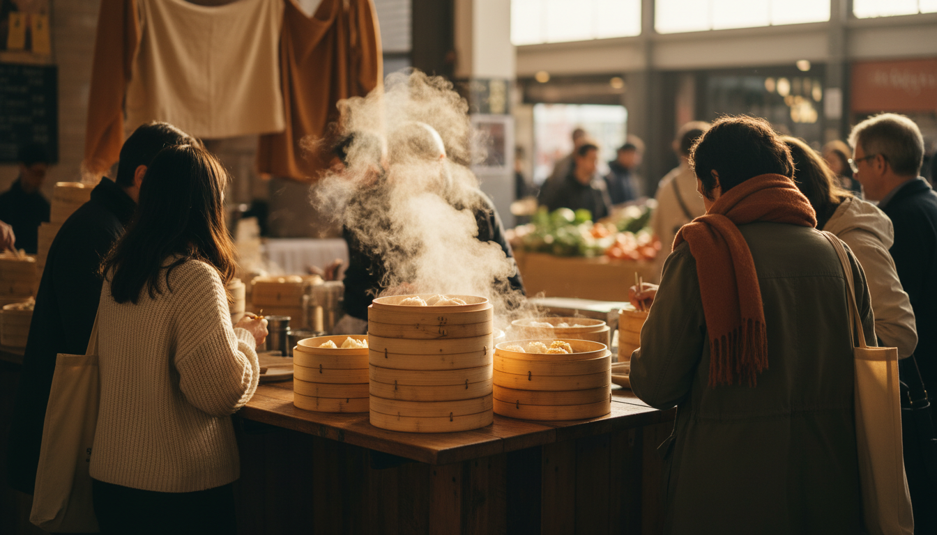 Steaming bamboo baskets of dim sum at South Melbourne Market with customers gathered around the coun