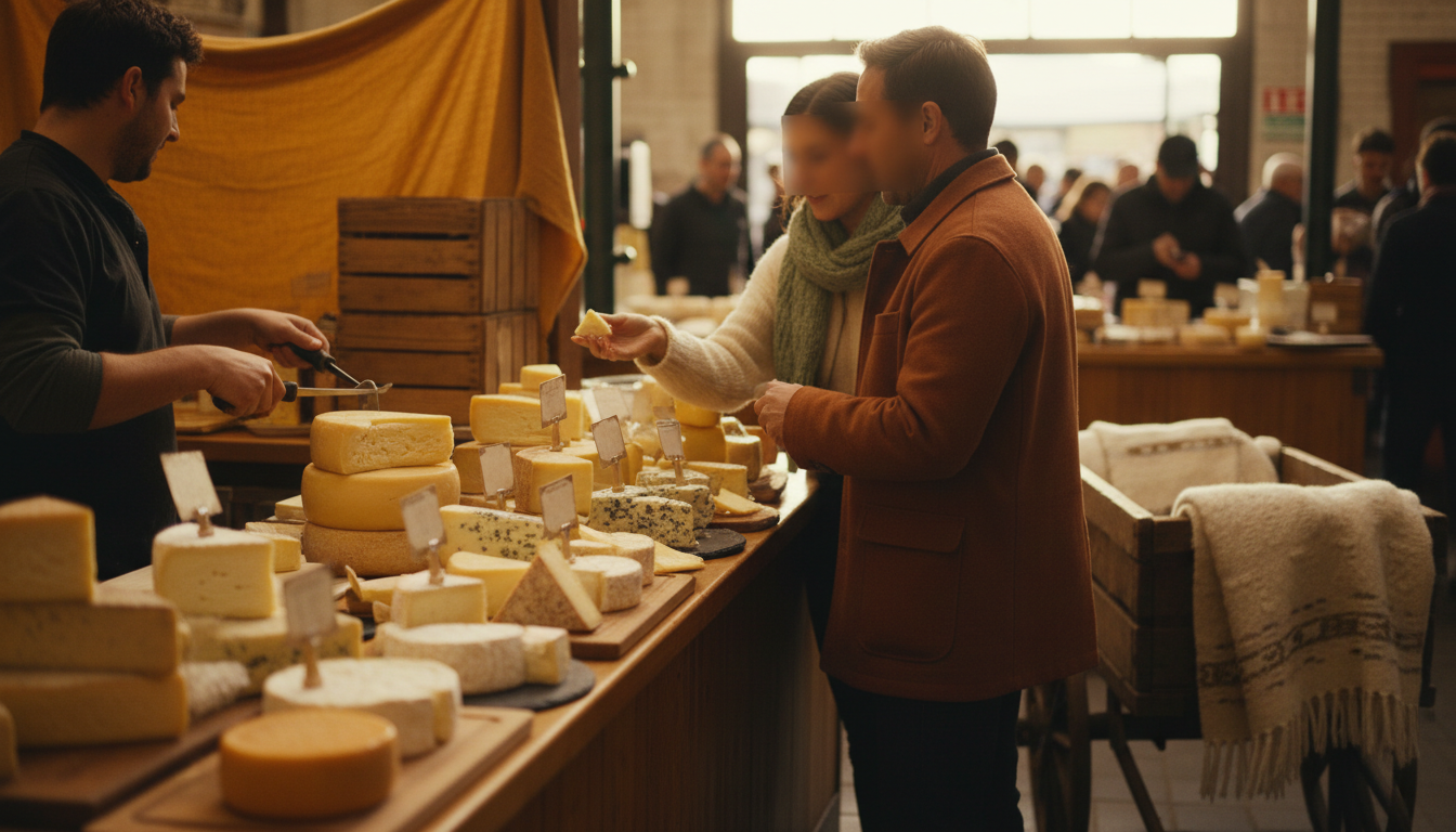 Prahran Market cheese counter with wedges of artisan cheese, handwritten labels, and a vendor slicin
