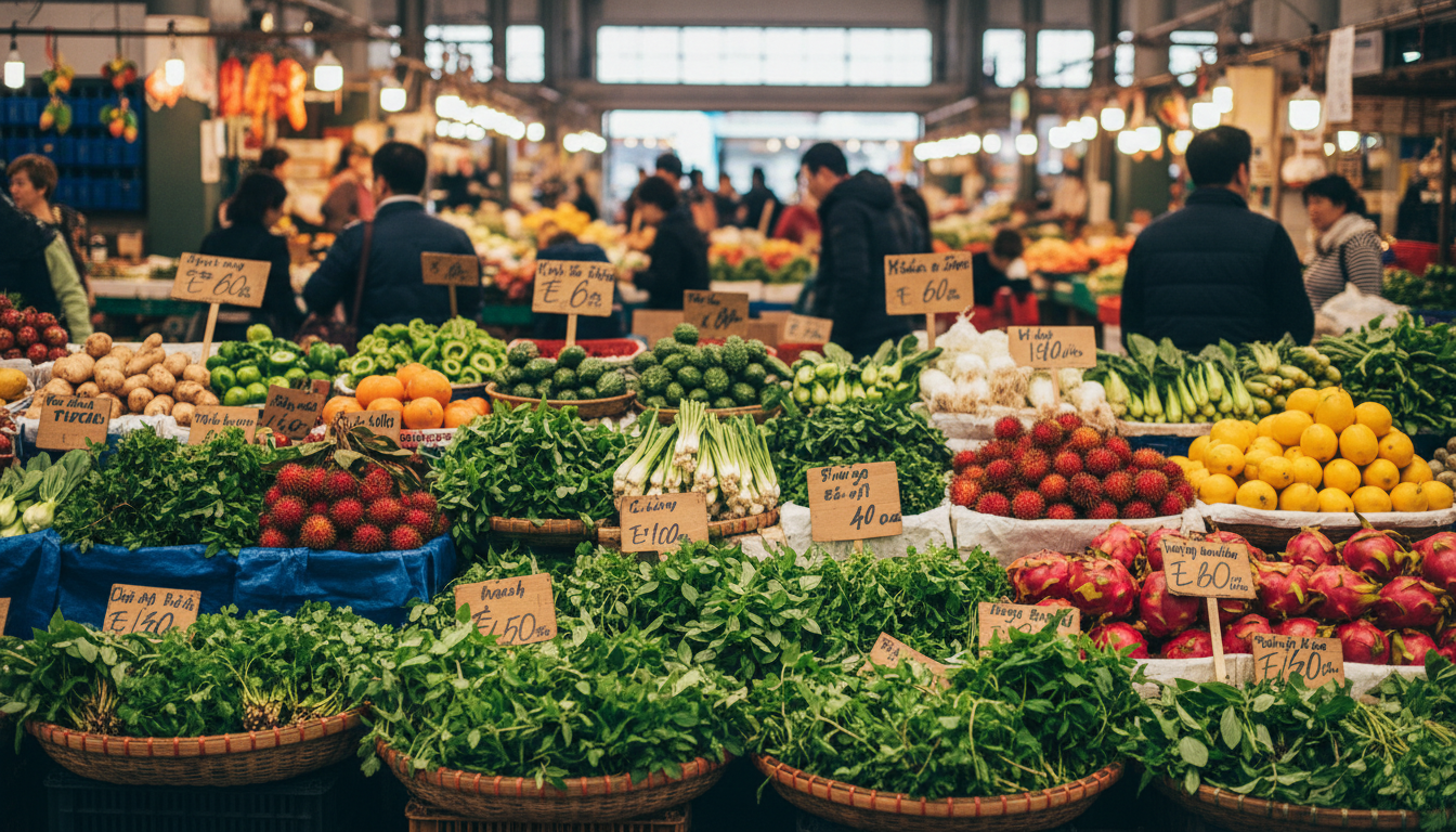 Footscray Market produce section showing Vietnamese herbs, tropical fruits, and Asian vegetables wit