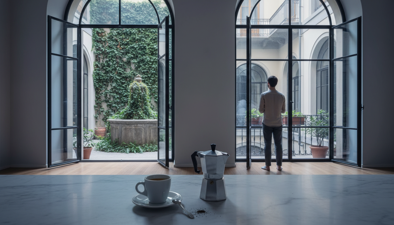 morning light streaming through tall windows of a classic Milanese apartment, espresso cup on marble