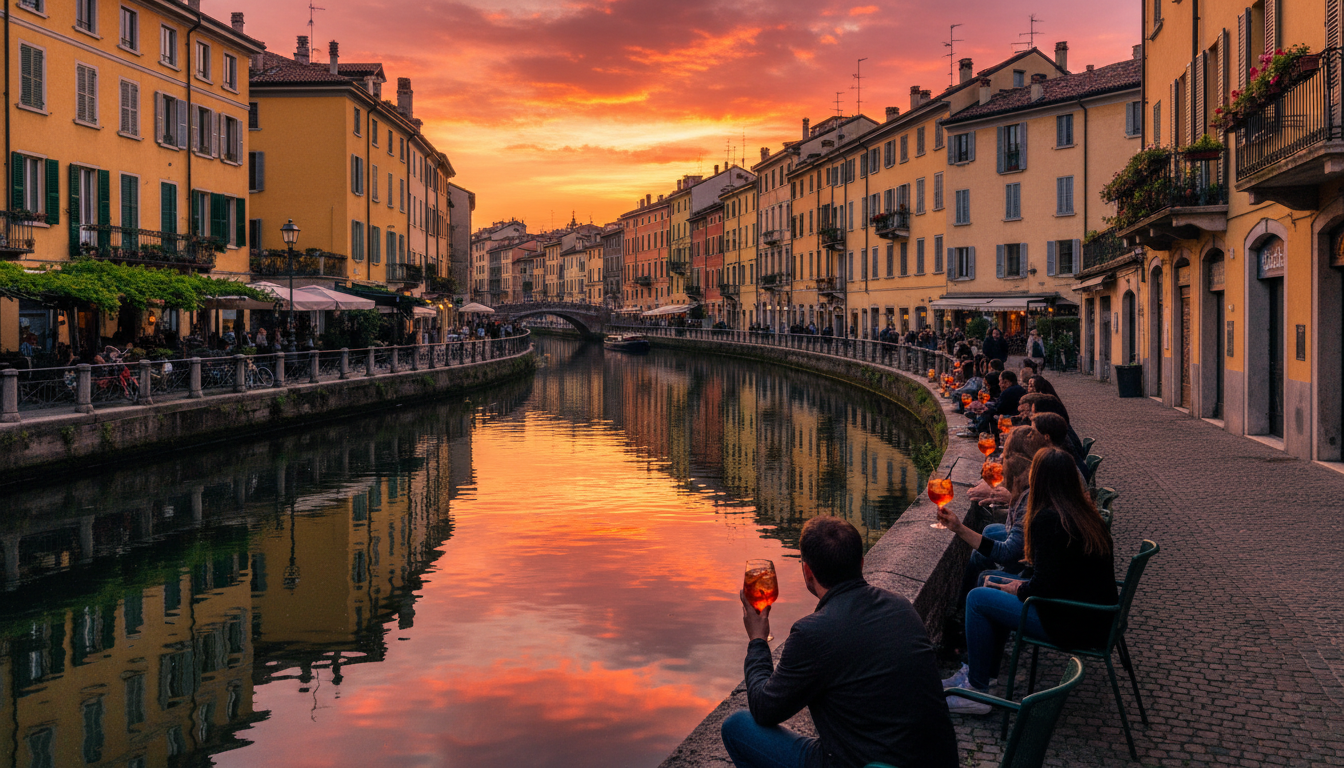 sunset over Naviglio Grande canal, people sitting along the waters edge with Aperol spritzes, colorf