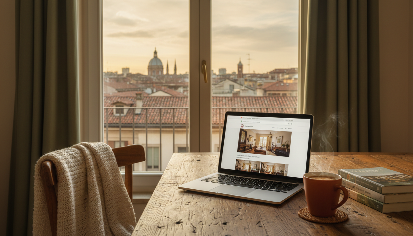 laptop open on a wooden desk showing a home exchange listing, cup of coffee beside it, window showin