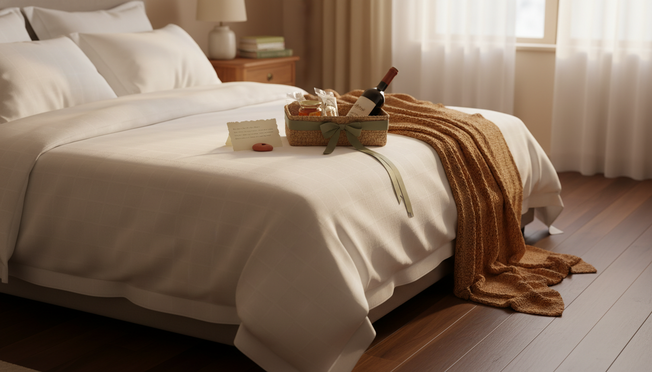 neatly made bed with white linens, small welcome basket with wine and local treats, handwritten note