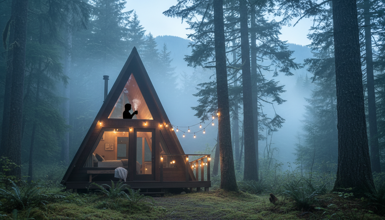 A-frame tiny cabin nestled among tall Douglas firs in Oregon, morning mist rolling through, string l