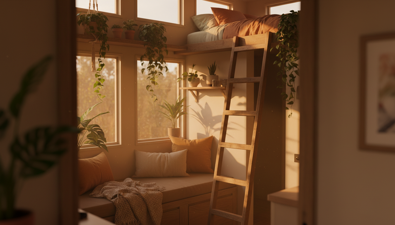 Interior of a thoughtfully designed tiny house showing multi-functional furniture, a ladder leading