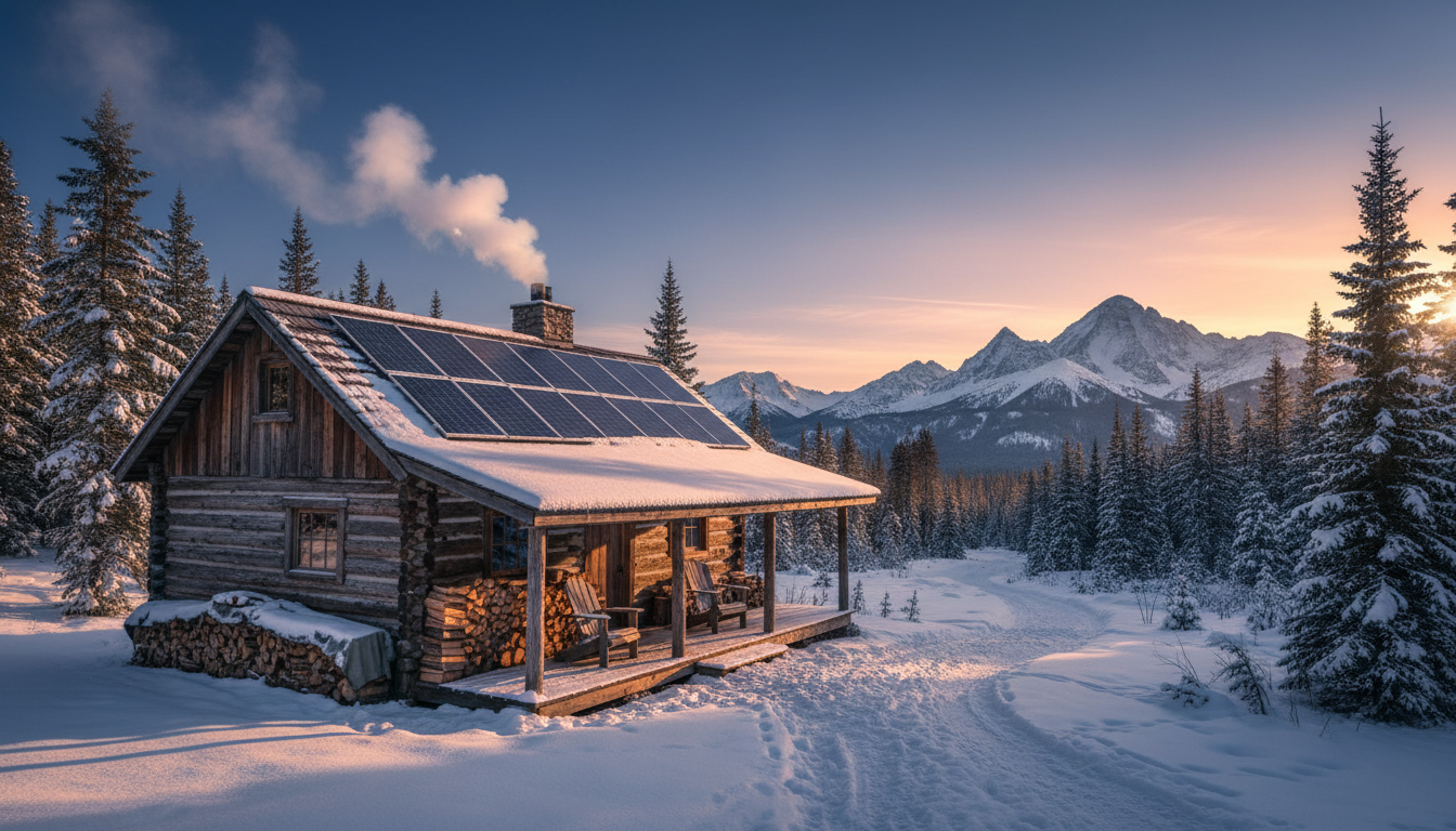 Rustic off-grid cabin with solar panels on the roof, a stack of firewood on the porch, snow-capped m