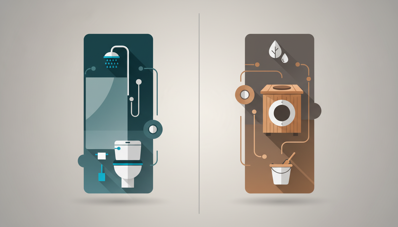 Split image showing two different tiny house bathroomsone with a sleek modern shower, one with a rus