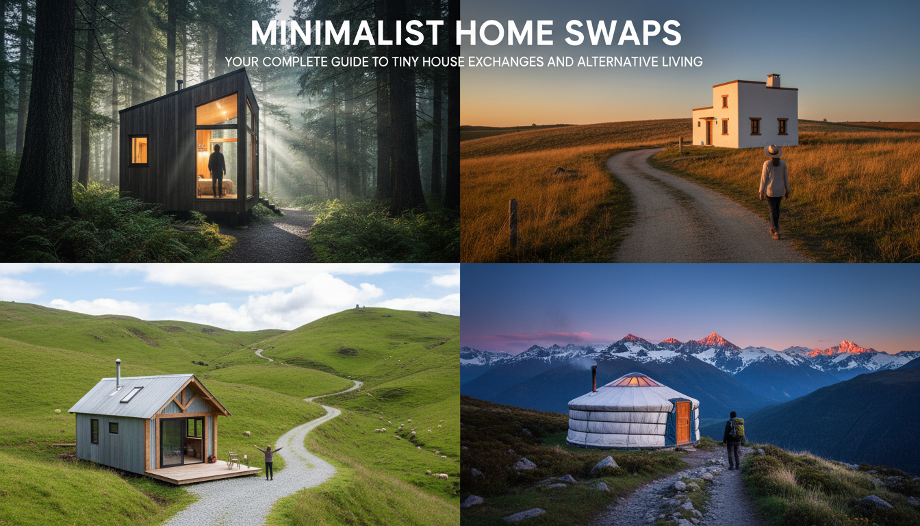 Collage of four minimalist homes in different settingsa modern tiny house in the Oregon forest, a wh