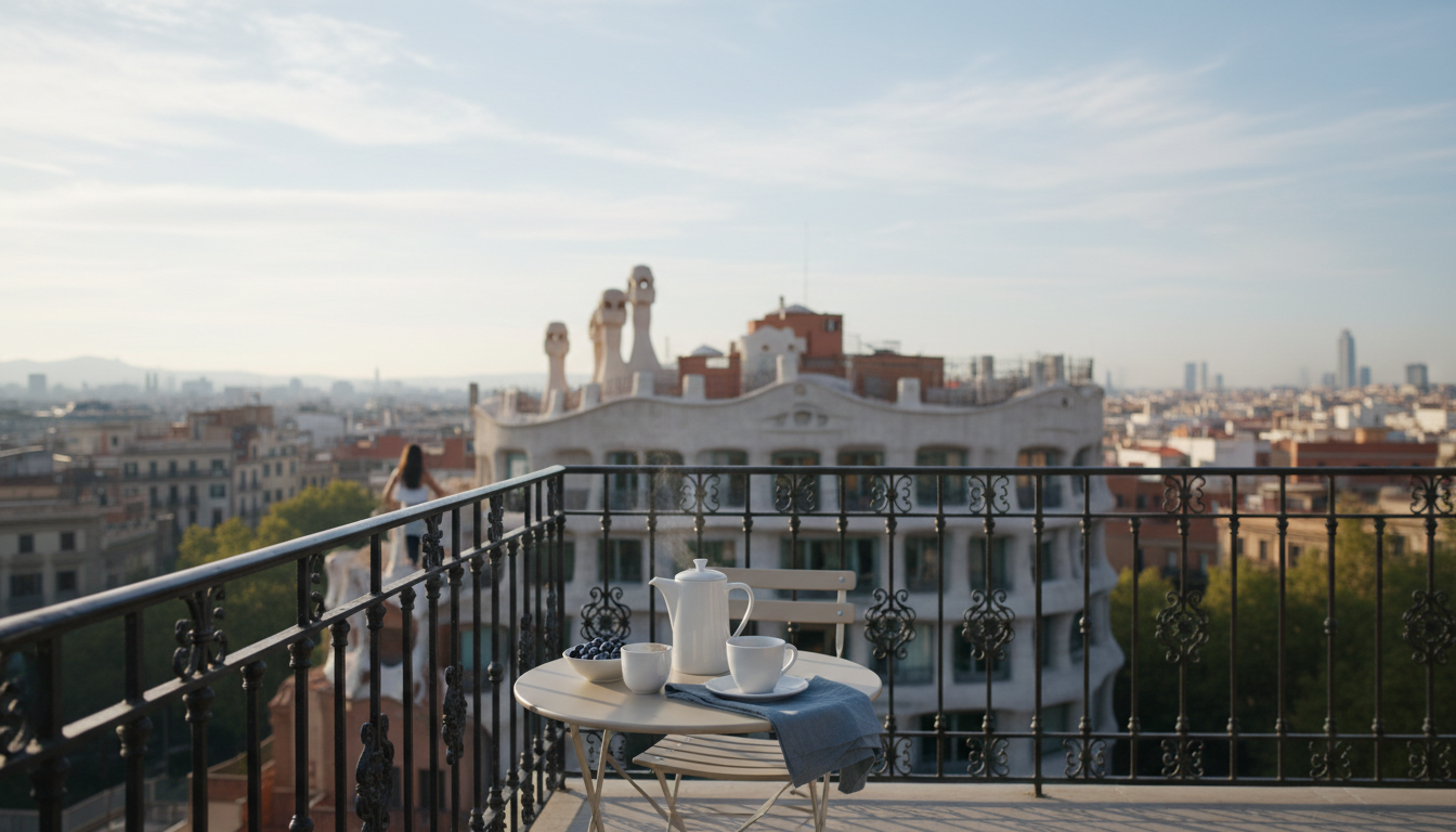 Spacious Barcelona apartment terrace with morning light, wrought-iron railings, coffee service on a