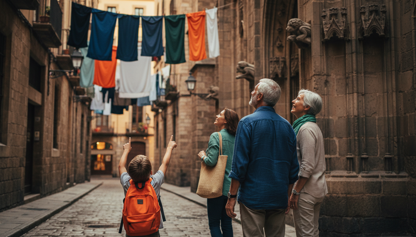 Three generations walking through Barcelonas Gothic Quarter, narrow medieval streets with overhead l