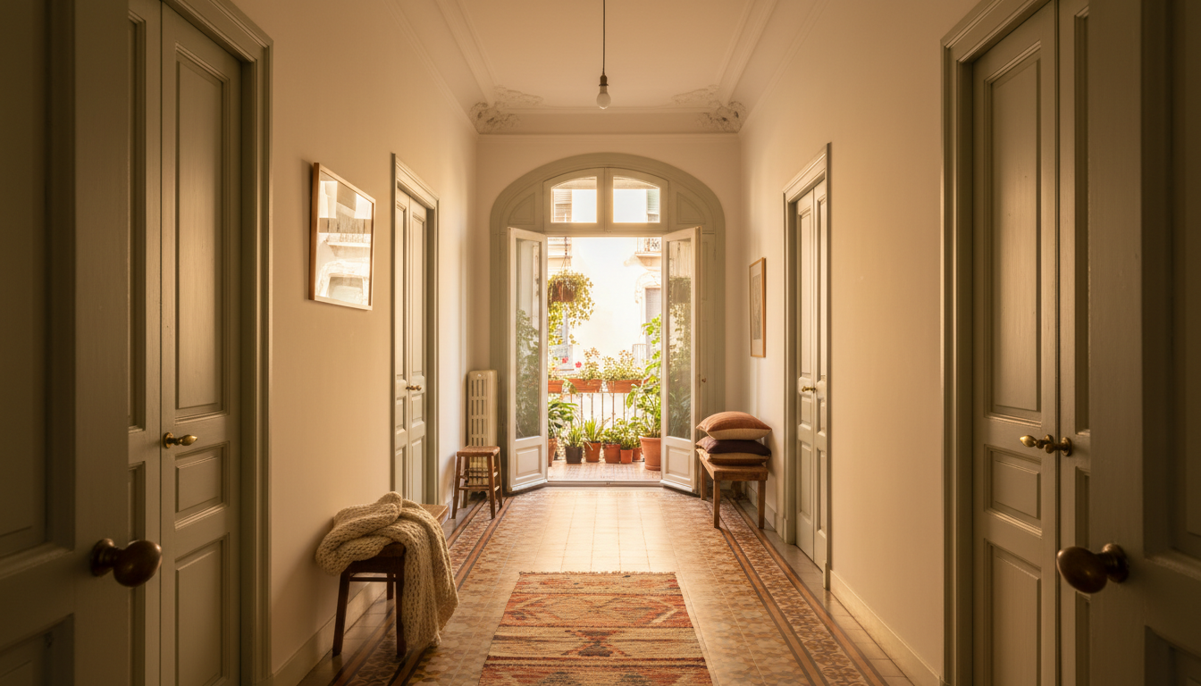 Interior of a bright Eixample apartment showing high ceilings with original moldings, a long hallway