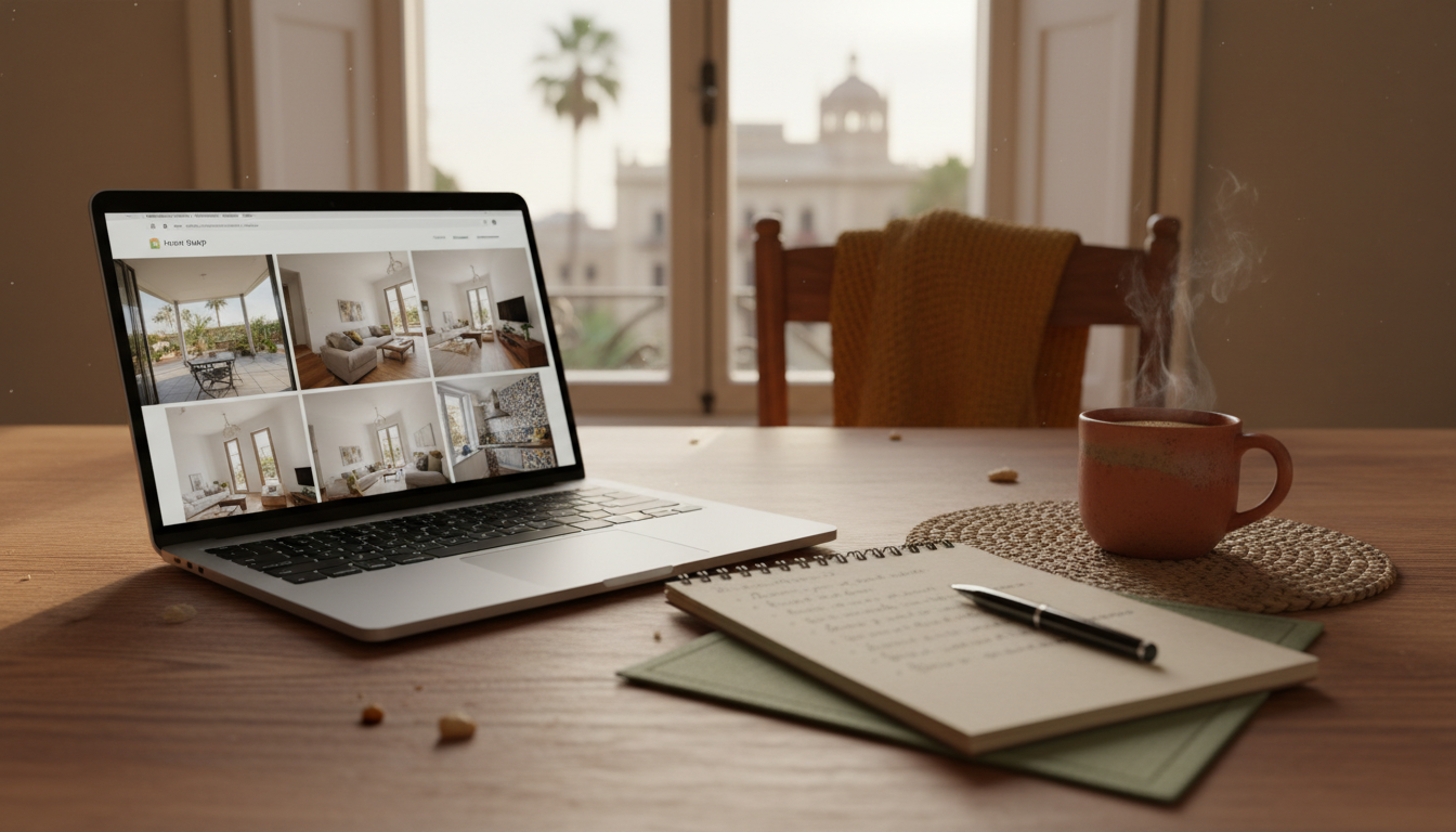 Laptop open on a kitchen table showing a home swap listing with photos, a notepad beside it with han