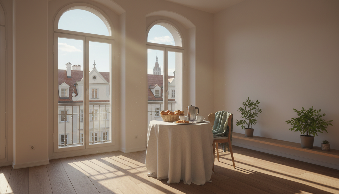 Morning light flooding through tall windows of a Haidhausen apartment, wooden floors, a small breakf